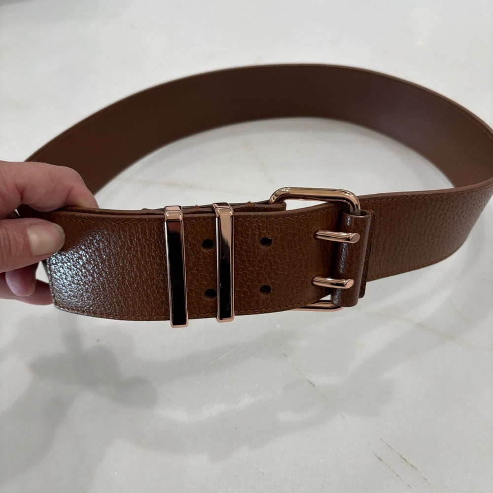 Balenciaga brown/tan leather belt with Rose Gold Hardware Very Good condition!